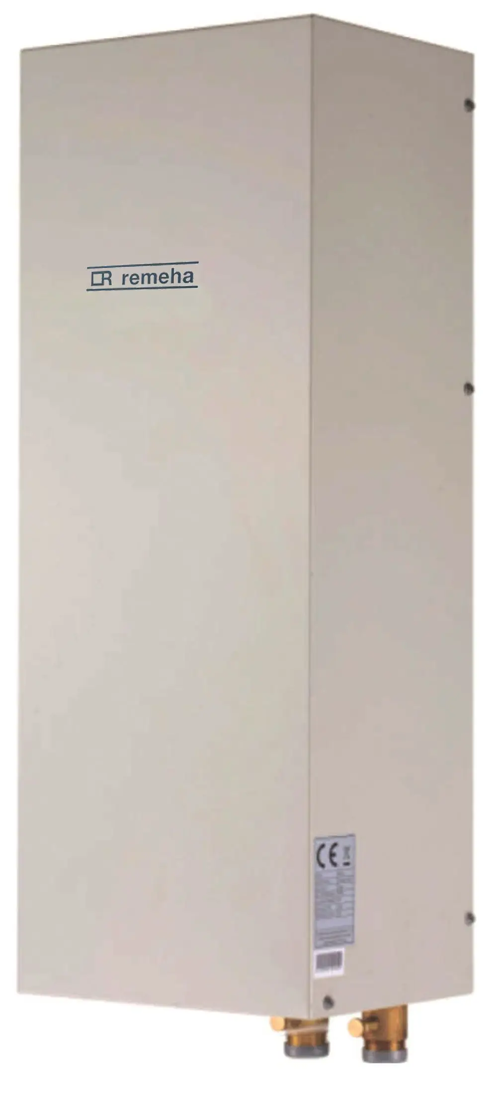 Vertikales Heizgerät in neutraler Farbe mit Remeha-Logo. Anschlüsse an der Unterseite. Geeignet für elektrische Nachheizung in Heizsystemen.